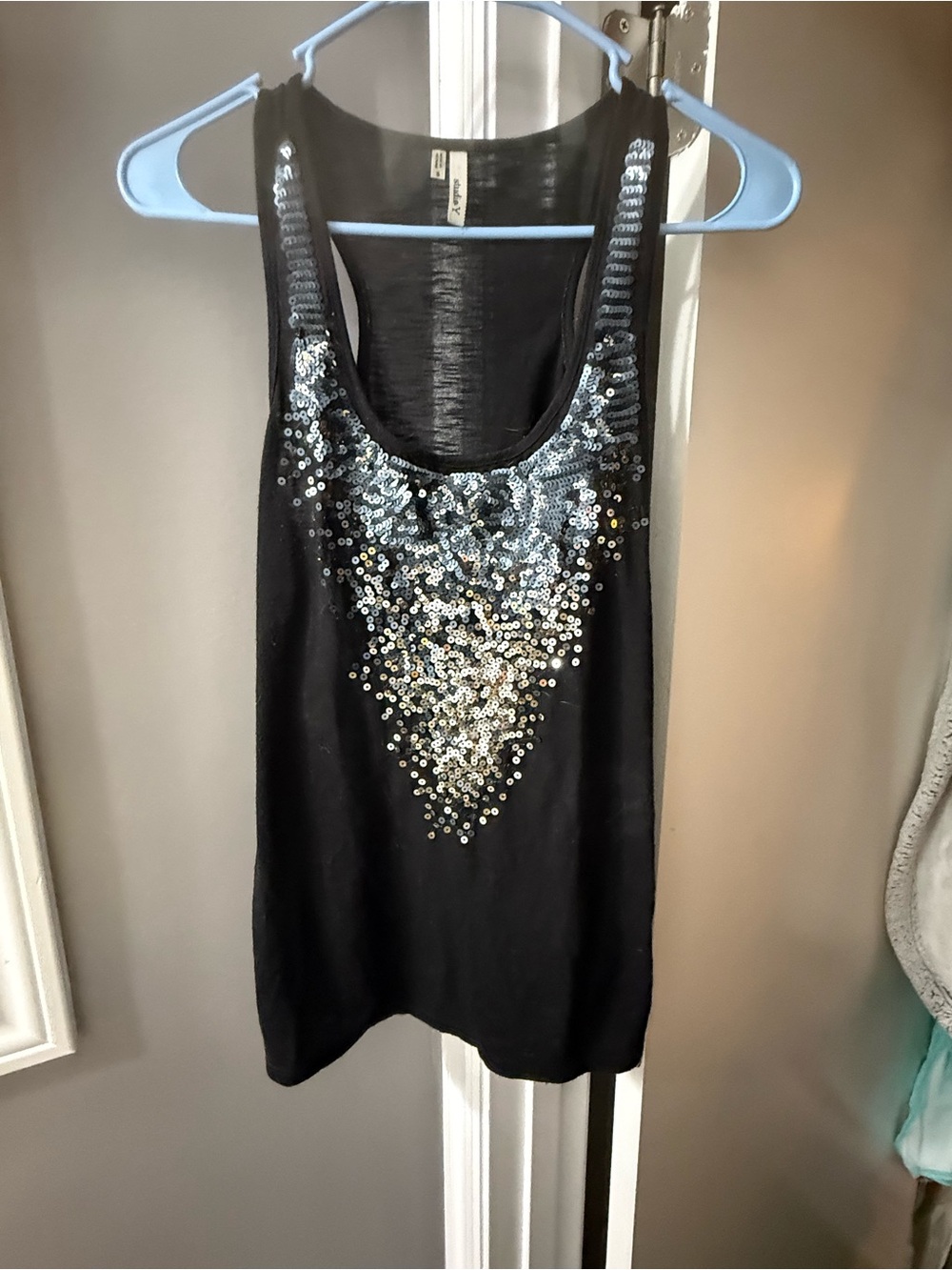 Studio Y Black Tank with Silver Sequin V-Front